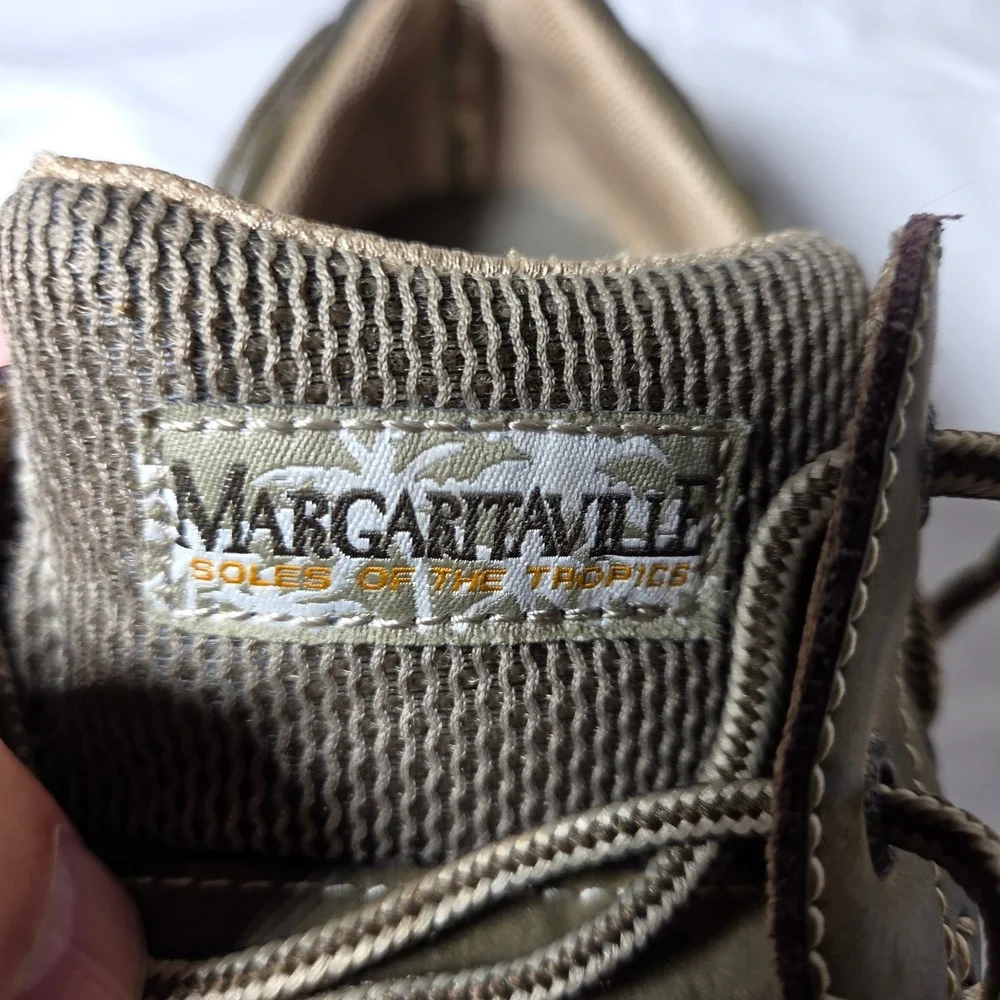 Margaritaville Mens Boat Shoes Olive Green Leather Textile Loafers Size 10 S1592